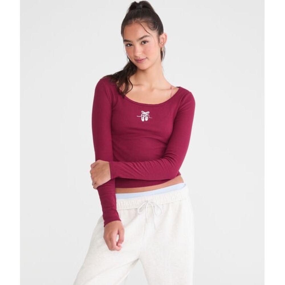 Aeropostale Seriously Soft Ballet Slippers Ribbed Cropped Scoop Neck L/S Top L